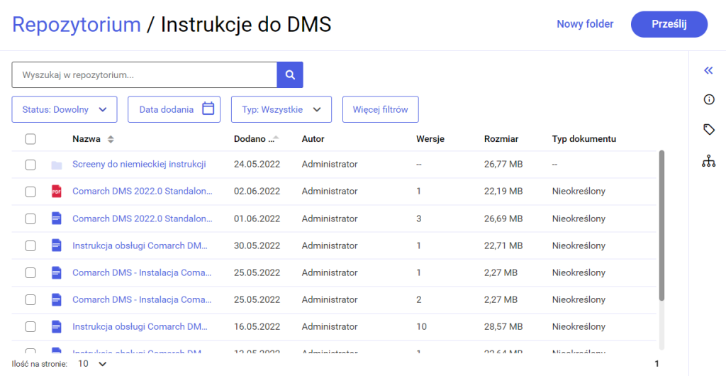 Lista folderów i dokumentów informacje ogólne Baza Wiedzy programu