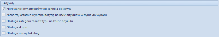 Okno konfiguracji systemu – sekcja Artykuły