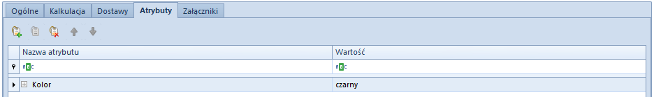 Zakładka atrybuty z przykładową wartością