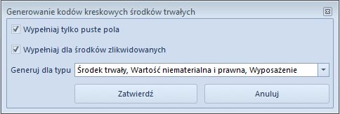Okno generowania kodów kreskowych środków trwałych