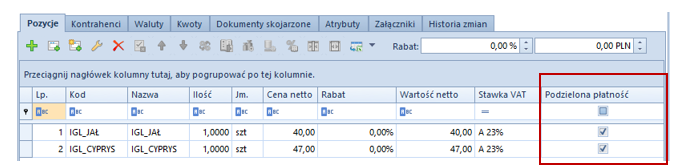 Kolumna Podzielona płatność na dokumencie