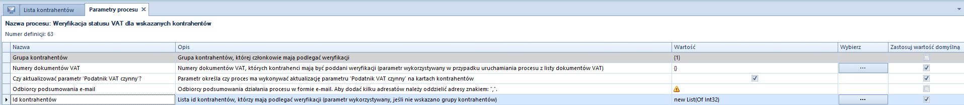 Widok parametrów procesu z poziomu Altum