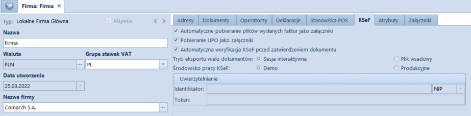 Zakładka KSeF na formularzu firmy