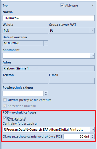 Sekcja POS – Wydruki cyfrowe