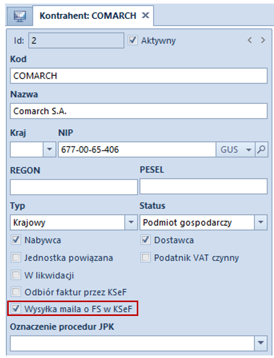 Nagłówek karty kontrahenta