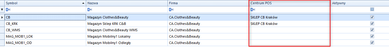 Kolumna Centrum POS na liście magazynów