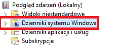 Dzienniki systemu Windows znajdujący się w aplikacji Podgląd zdarzeń
