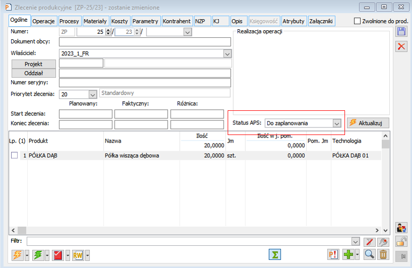 Status APS na zleceniu produkcyjnym w Comarch ERP XL.