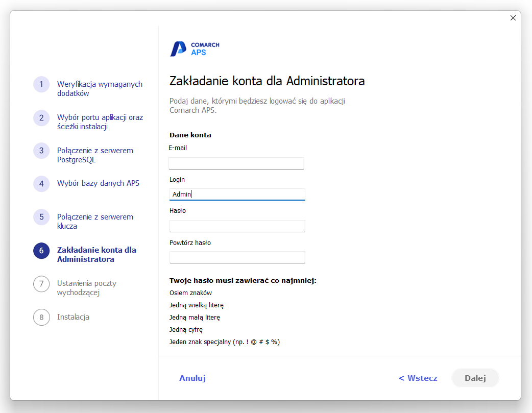 Zakładanie konta dla Administratora w aplikacji Comarch APS