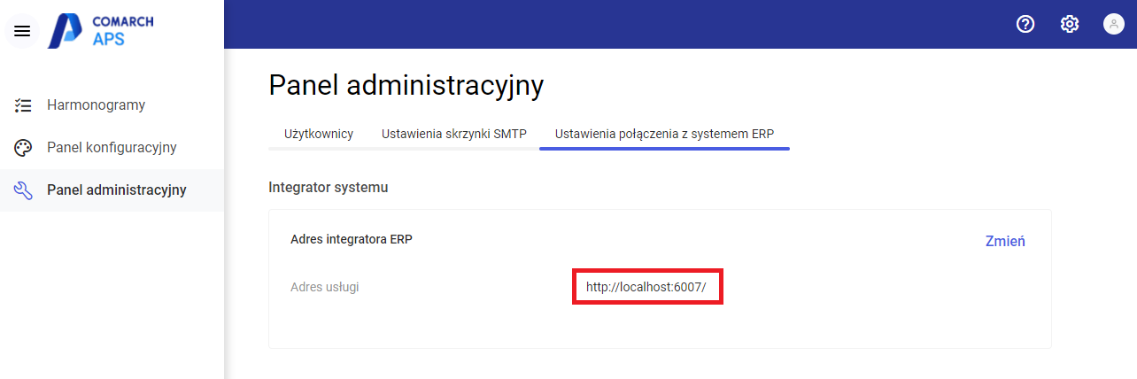 Przykład ustawionego adresu integratora ERP