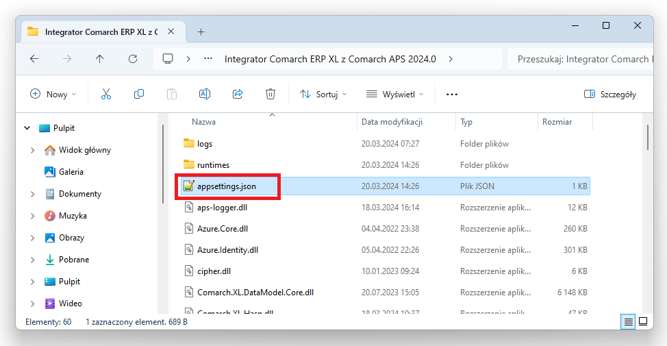 Plik appsettings.json znajdujący się w folderze Integrator Comarch ERP XL z Comarch APS 2024.0