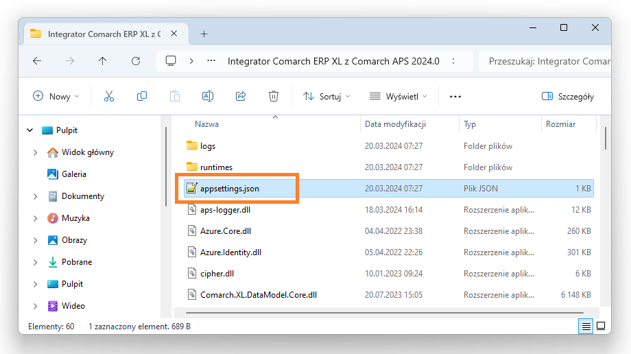 Plik appsettings.json znajdujący się w folderze Integrator Comarch ERP XL z Comarch APS 2024.0.