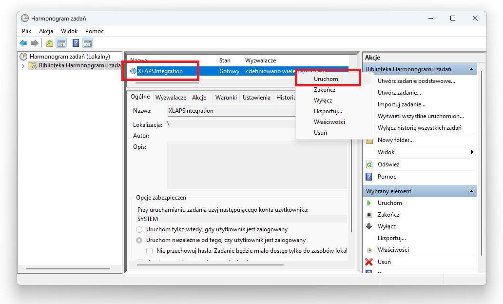 Przykład uruchomienia usługi XLAPSIntegration z poziomu Harmonogram zadań poprzez wybranie opcji z menu kontekstowego