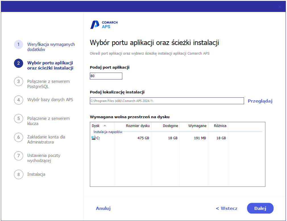 Port aplikacji oraz ścieżka instalacji aplikacji Comarch APS