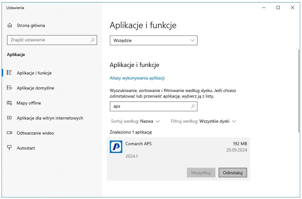 Wyszukanie Comarch APS wśród zainstalowanych aplikacji i funkcja odinstalowania