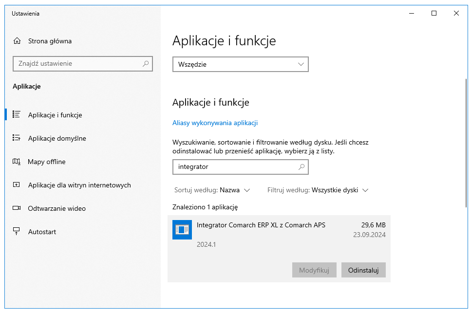 Wyszukanie Integrator Comarch ERP XL z Comarch APS w oknie Dodaj i usuń programy