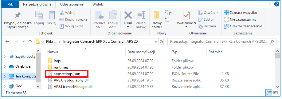 Plik appsettings.json znajdujący się w folderze Integrator Comarch ERP XL z Comarch APS 2024.1