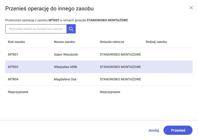 Lista dostępnych zasobów do zmiany