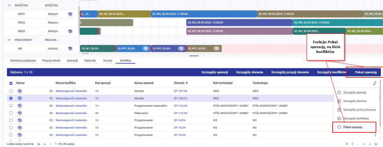 Pokaż operację na liście konfliktów