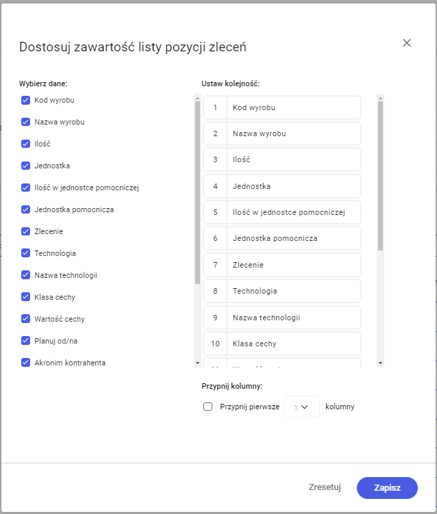 Lista kolumn wyświetlanych w oknie Dostosuj zawartość listy