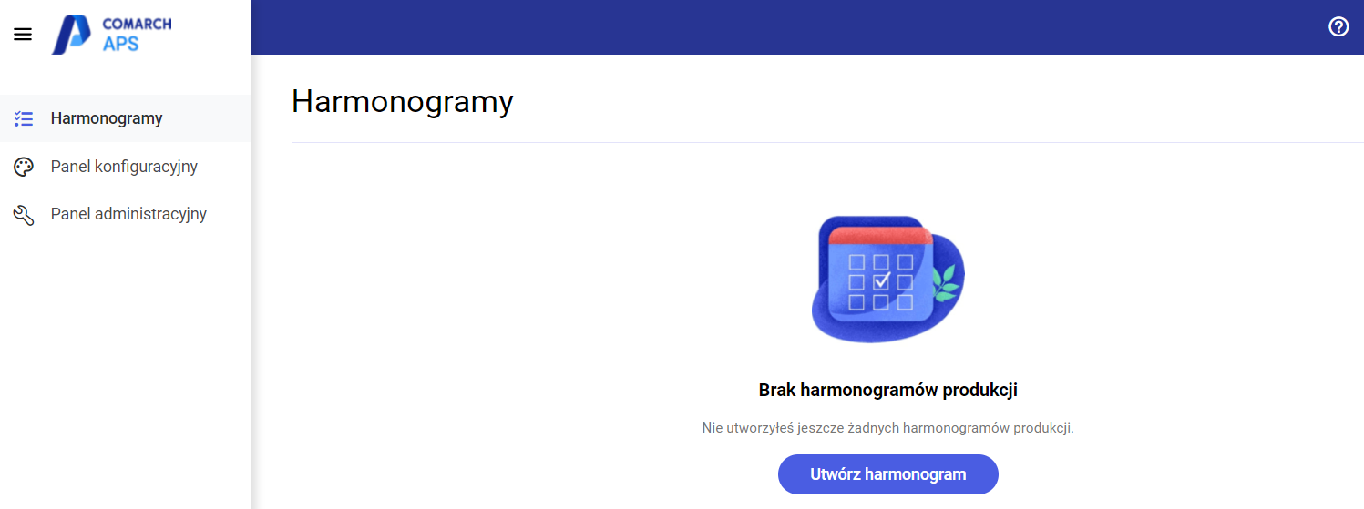 Widok na harmonogramy, przy pierwszym uruchomieniu aplikacji