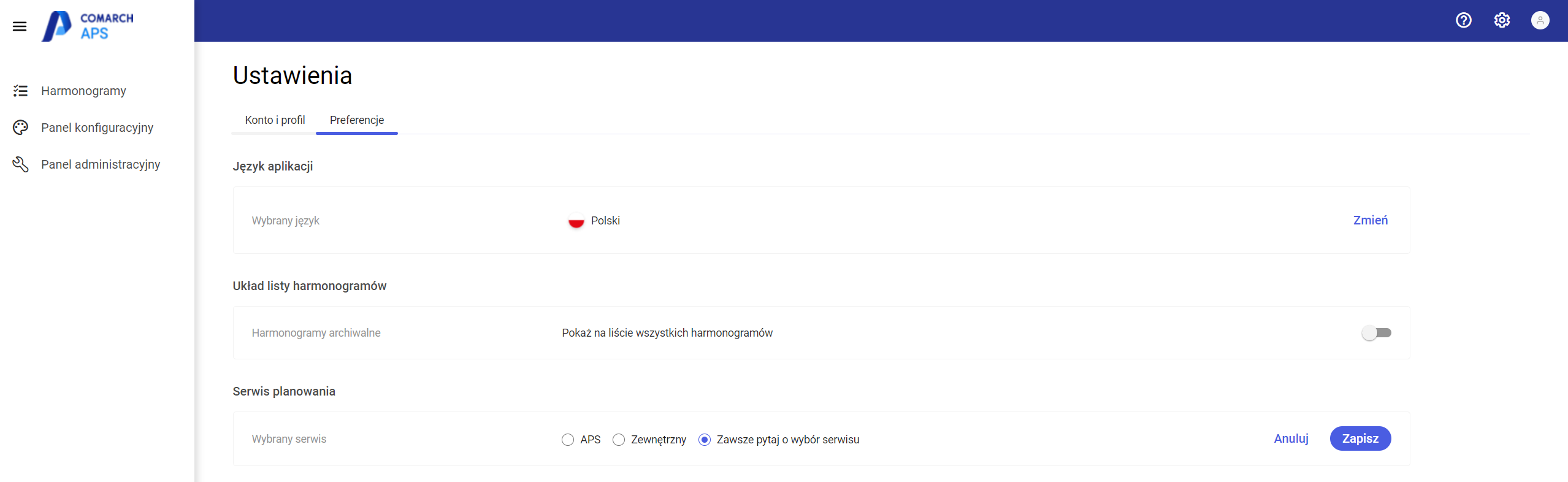 Wybór rodzaju serwisu planowania