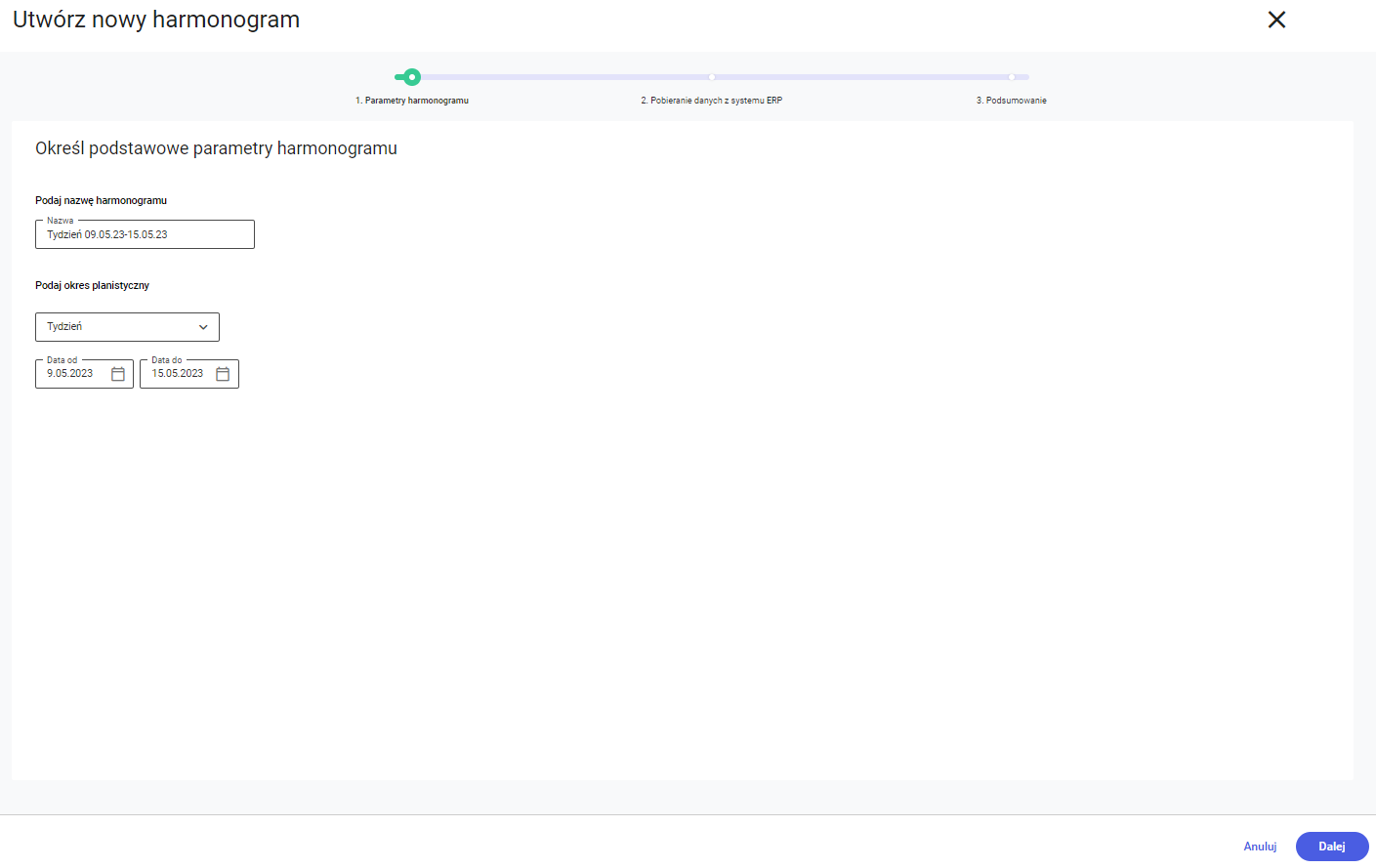 Pierwszy ekran tworzenia harmonogramu, w którym podajemy jego nazwę oraz definiujemy okres planistyczny