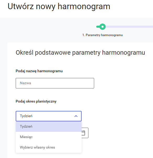 Wybór regularnego (Opcja Tydzień, miesiąc) lub nieregularnego okresu planistycznego (Opcja: Wybierz własny okres)