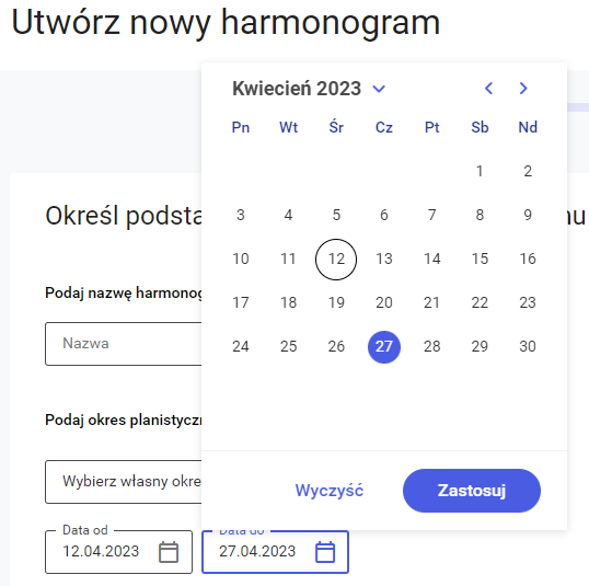 Definiowanie okresu planistycznego przez wskazanie jego zakresu w polach: Data od – Data do