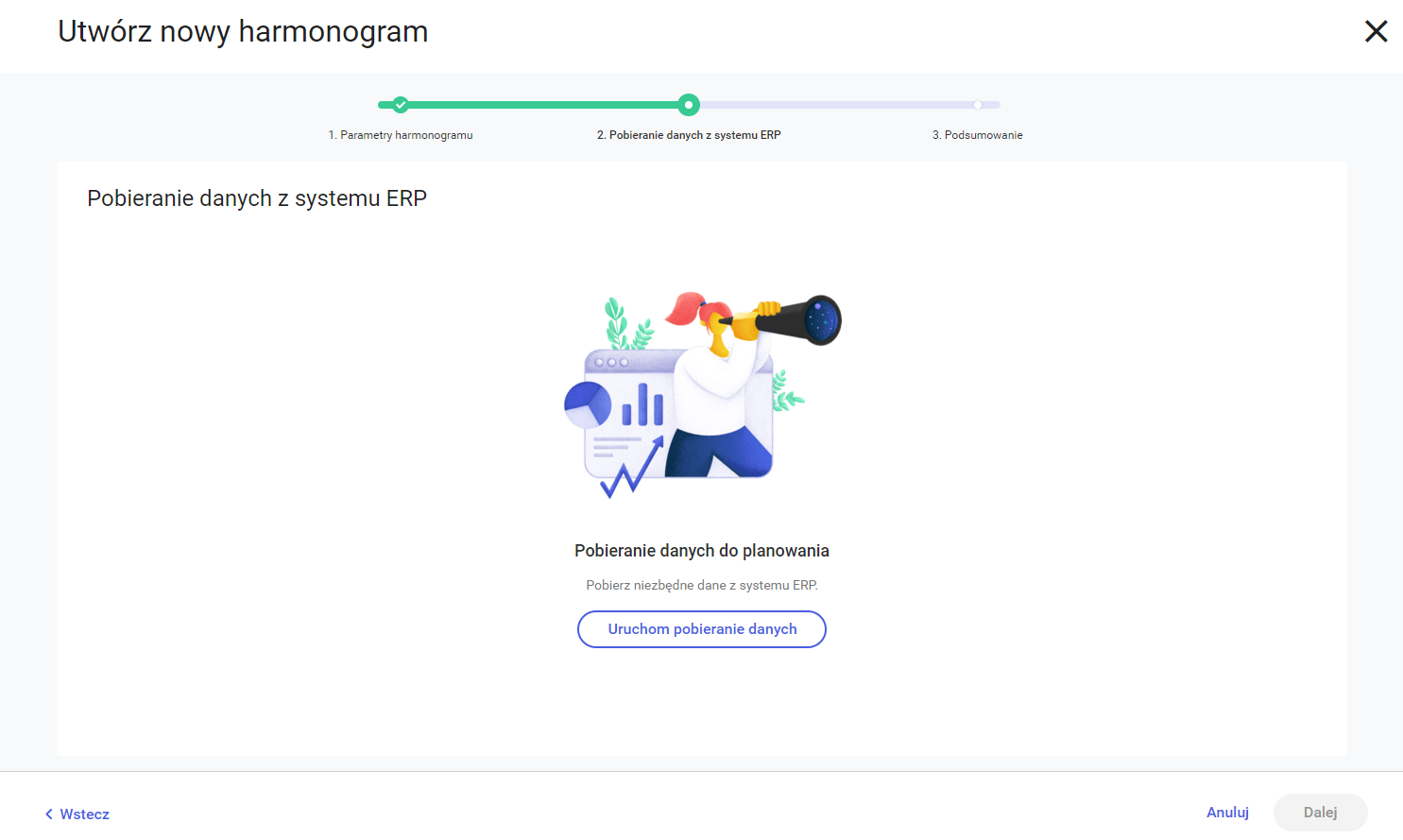 Ekran tworzenia harmonogramu, w którym zostaną pobrane dane z systemu ERP