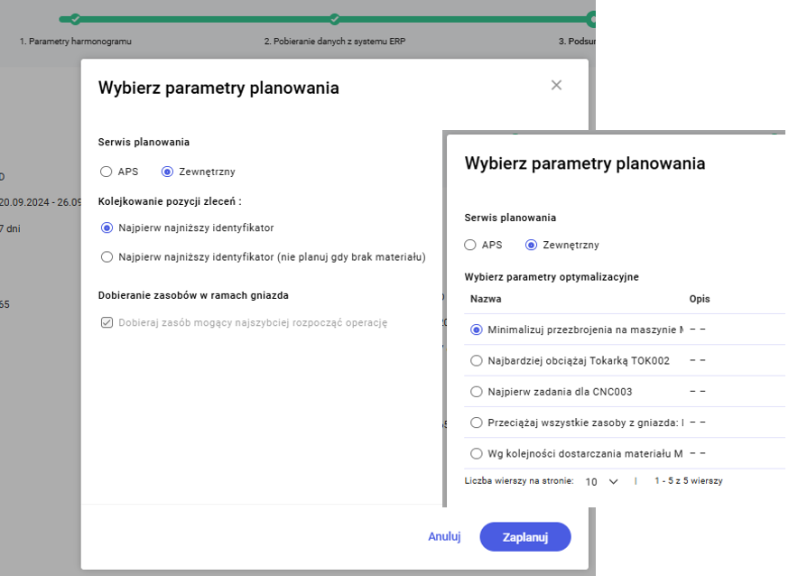 Okno: Wybierz parametry planowania, wyświetlane w sytuacji, gdy korzystamy z własnych serwisów do planowania podpiętych w Comarch APS