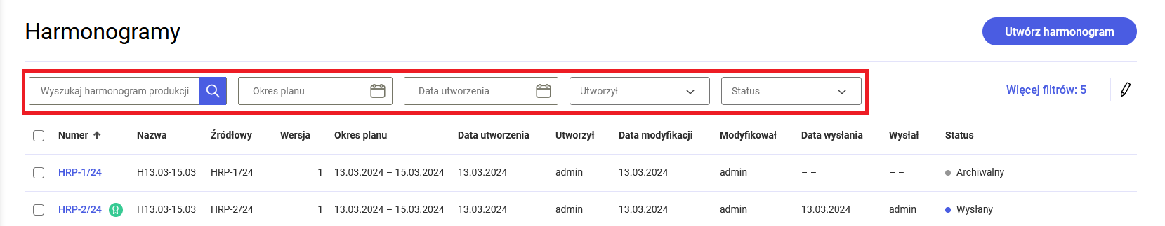 Sekcja z filtrami na liście harmonogramów