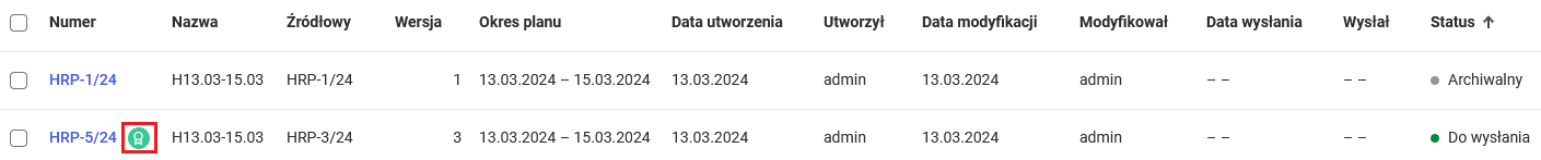 Oznaczenie planu głównego na liście harmonogramu