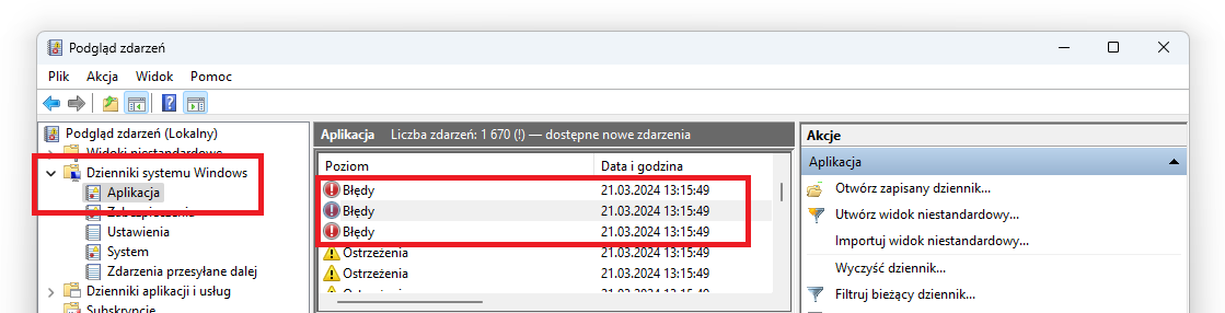 Podgląd błędów zapisanych w aplikacji Podgląd zdarzeń