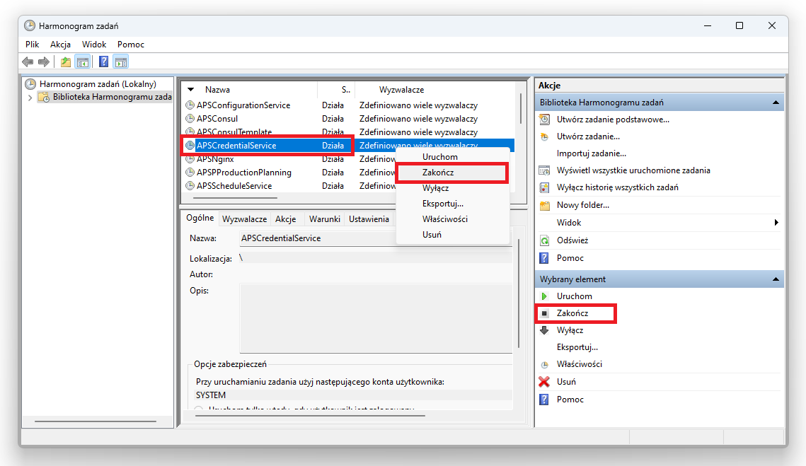 Przykłady zakończenia usługi APSCredentialService z poziomu Harmonogramu zadań