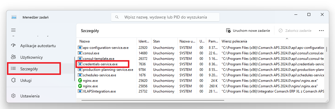 Proces credential-service.exe na zakładce „Szczegóły” z poziomu „Menadżera zadań”