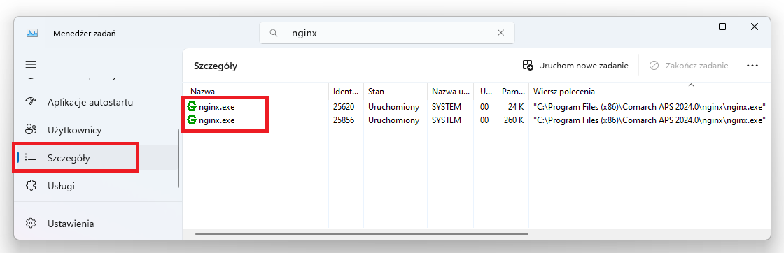 Procesy nginx.exe na zakładce „Szczegóły” z poziomu aplikacji „Menadżer zadań”