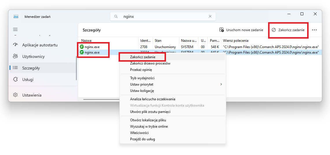 Zakończanie procesów nginx z poziomu menadżera zadań