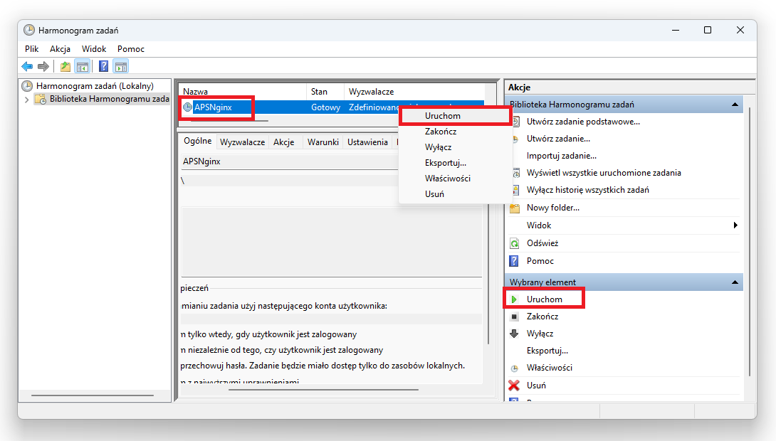 Przykłady uruchamiania usługi APSNginx z poziomu Harmonogramu zadań