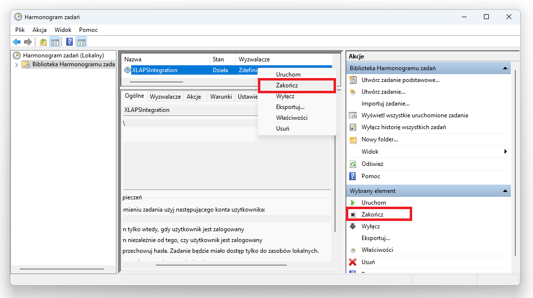 Przykład zakończenia usługi XLAPSIntegration z poziomu „Harmonogram zadań”