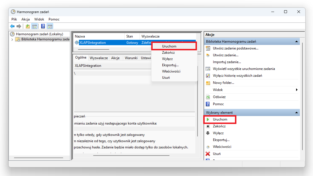 Przykład uruchomienia usługi XLAPSIntegration z poziomu „Harmonogram zadań”