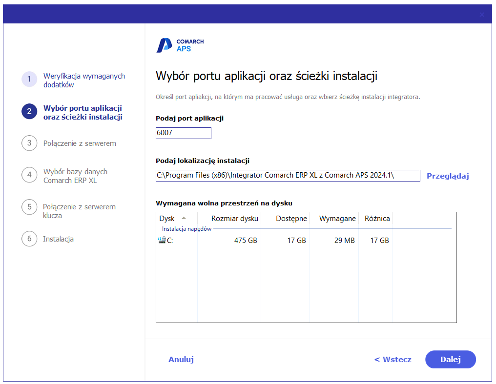 Parametr konfiguracji serwera www oraz ścieżka instalacji Integratora Comarch ERP XL z Comarch APS