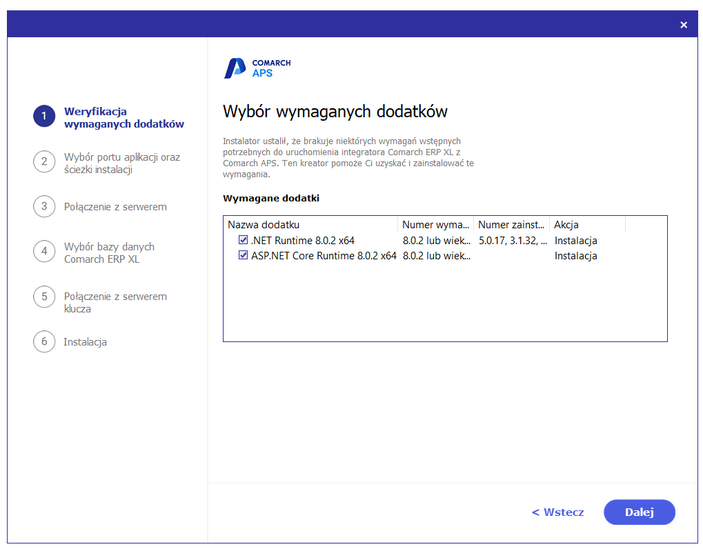 Weryfikacja zainstalowania niezbędnych dodatków