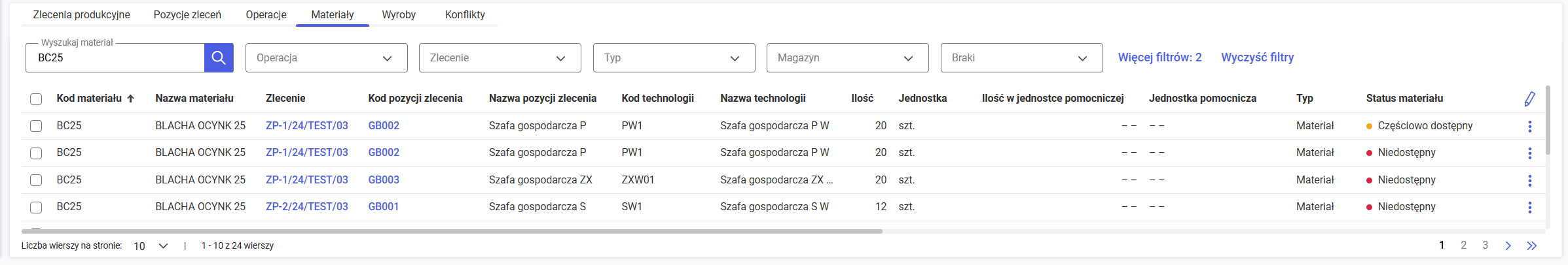 Filtrowanie listy panelu dolnego, materiał