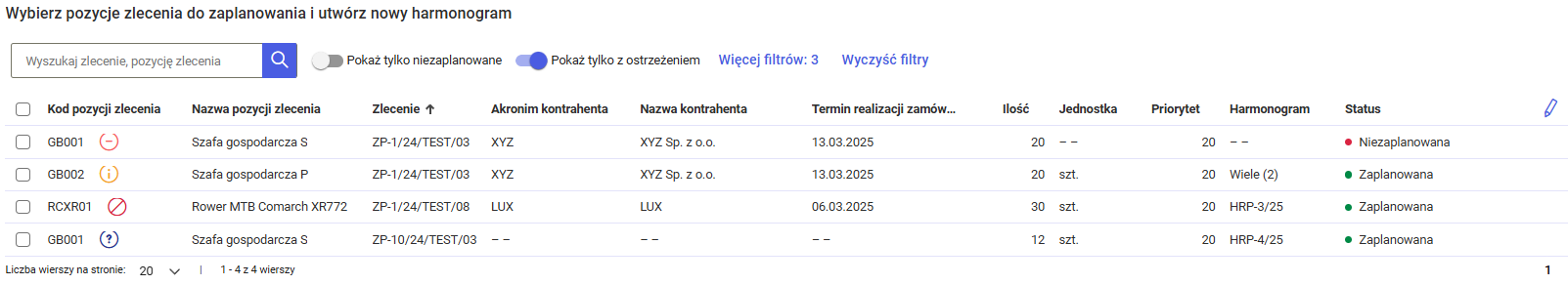 Ostrzeżenia dla pozycji zleceń