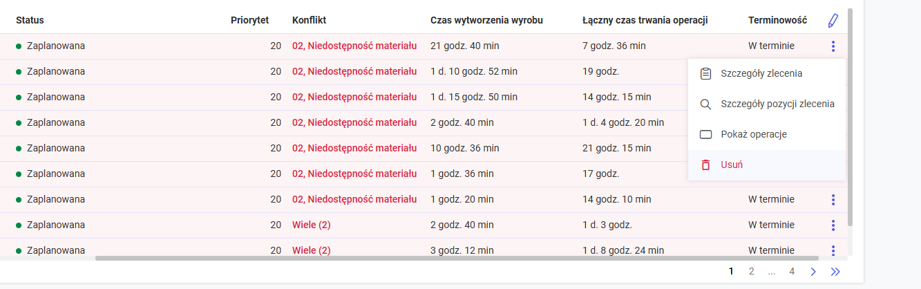 Usuwanie pozycji zlecenia z listy panelu dolnego okna harmonogramu