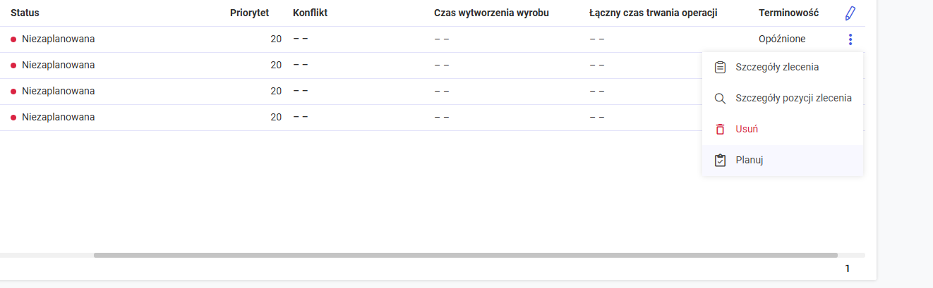 Planowanie pozycji zlecenia z listy panelu dolnego okna harmonogramu