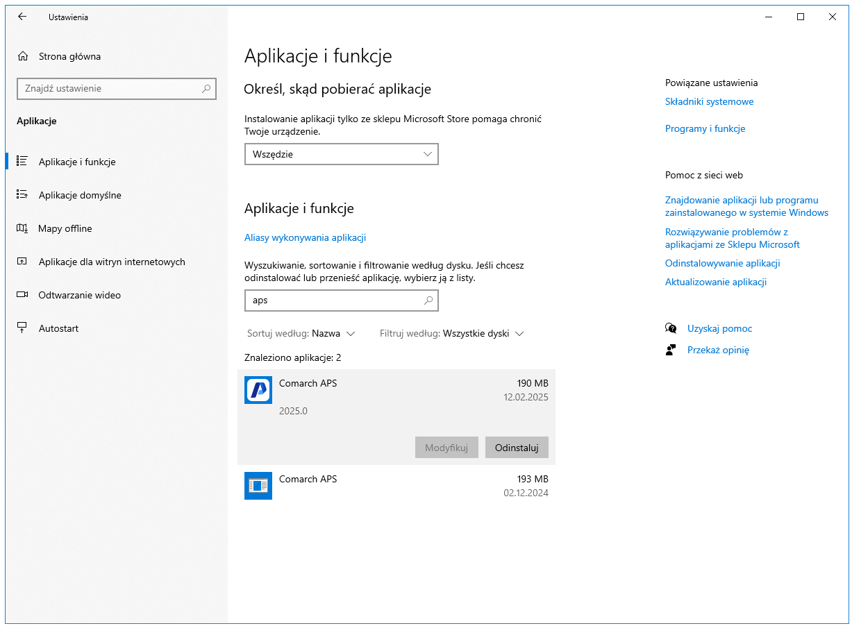 Wyszukanie Comarch APS wśród zainstalowanych aplikacji i funkcja odinstalowania