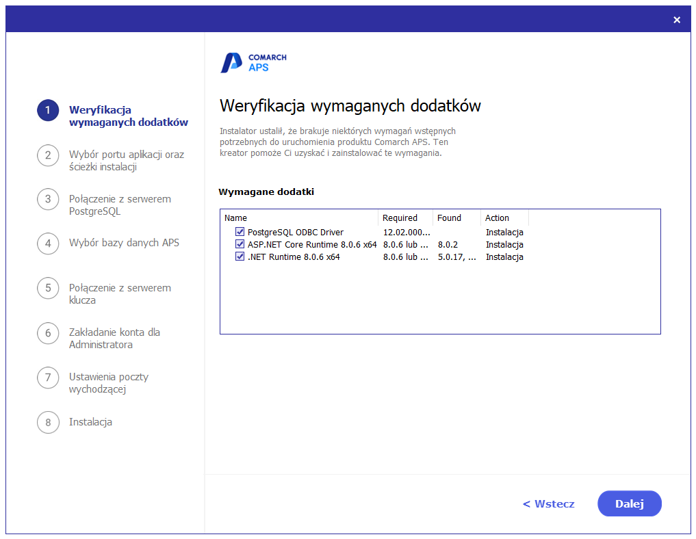 Weryfikacja zainstalowania niezbędnych dodatków