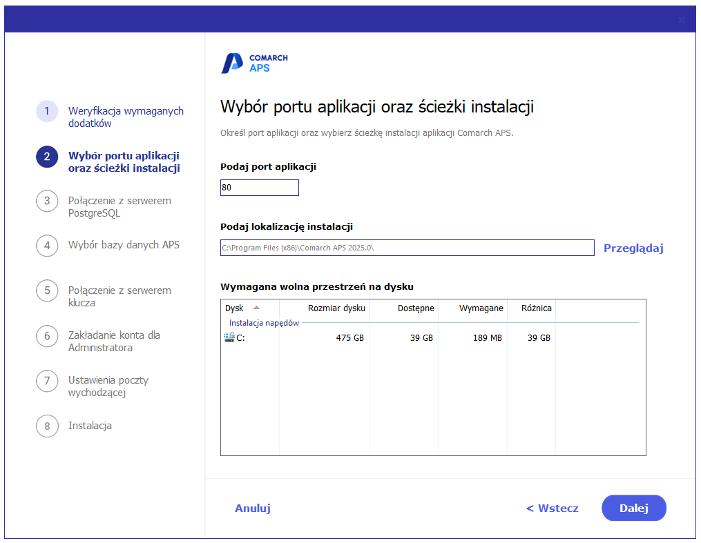 Port aplikacji oraz ścieżka instalacji aplikacji Comarch APS